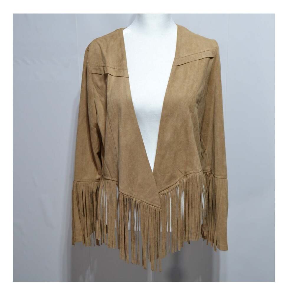 Hot & Delicious Crop Fringe Faux Suede Tan Open Front Jacket Size Large